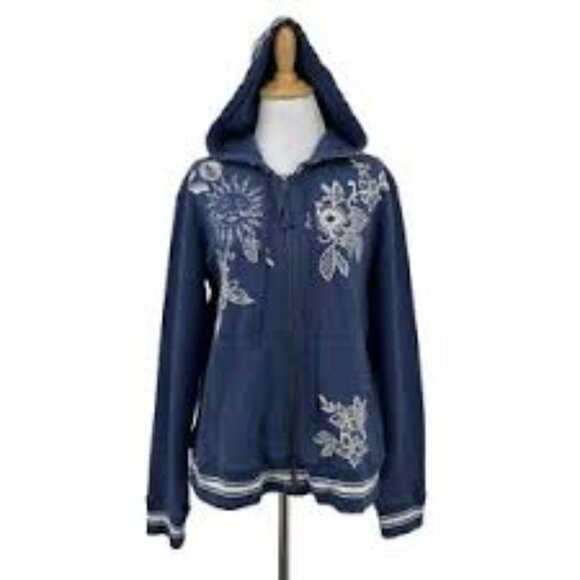 NEW Johnny Was Outerwear | Women ADDISON RIB ZIPUP SWEATSHIRT Heather Indigo - Picture 2 of 6